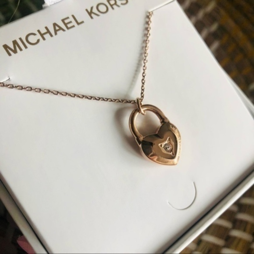 Michael Kors Rose Gold Heart Lock Necklace Crystal Accent NWT